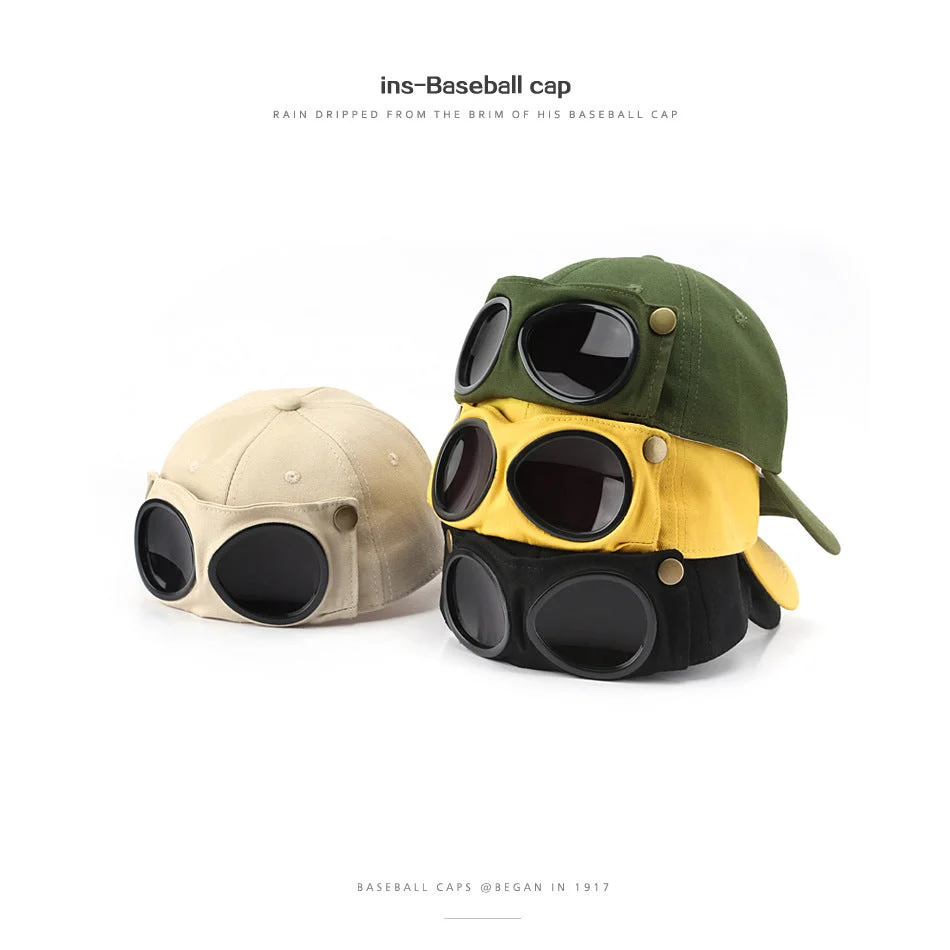 Black Stylish Aviator Goggle Baseball Cap unisex outdoor cotton
