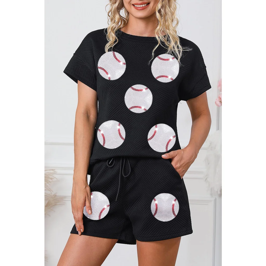 Black Trendy Texture Sequin Baseball Graphic Short 2pcs Set
