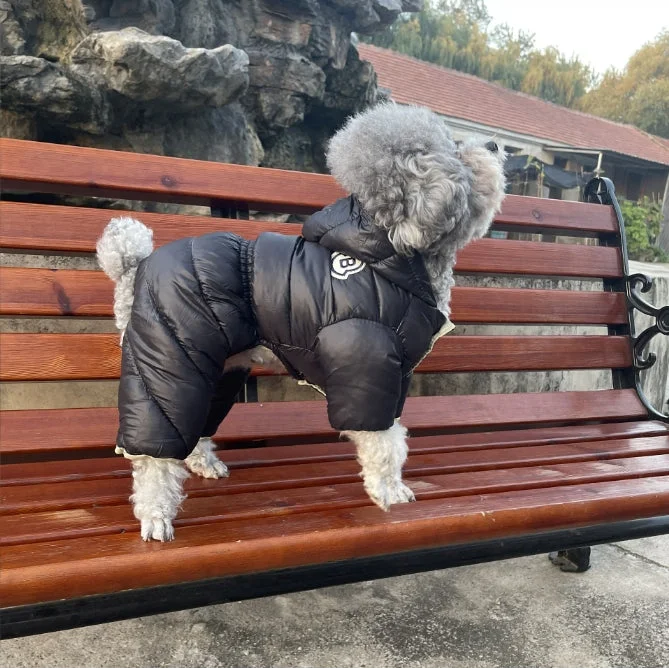Black Warm Puffer Dog Coat - Waterproof Four-Legged Winter