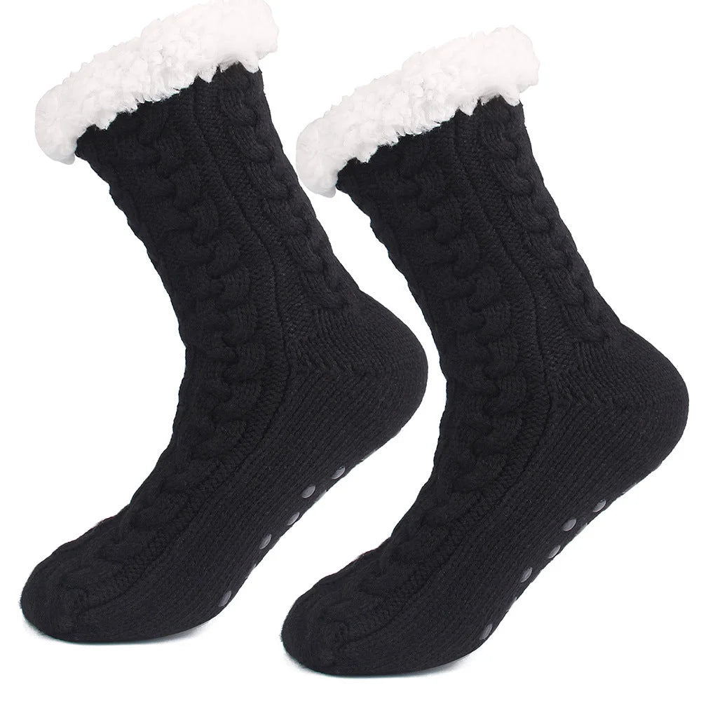 Black Women’s Fuzzy Slipper Socks - Warm Fleece Lined