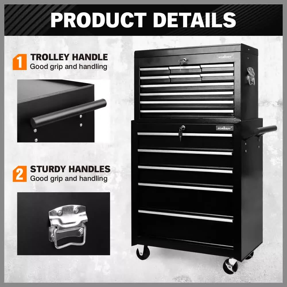 Black15 Drawer Tool Box Trolley Cabinet Storage Cart Garage