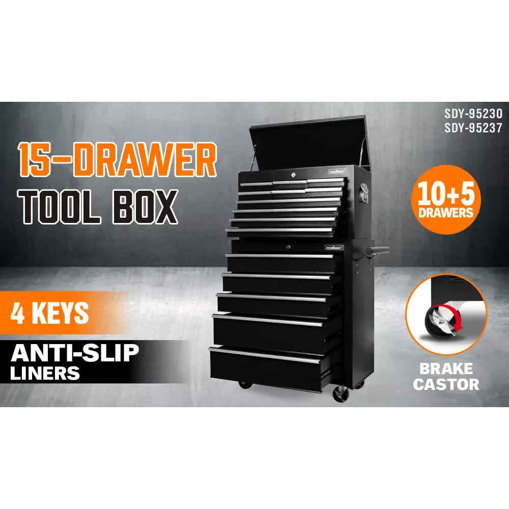 Black15 Drawer Tool Box Trolley Cabinet Storage Cart Garage