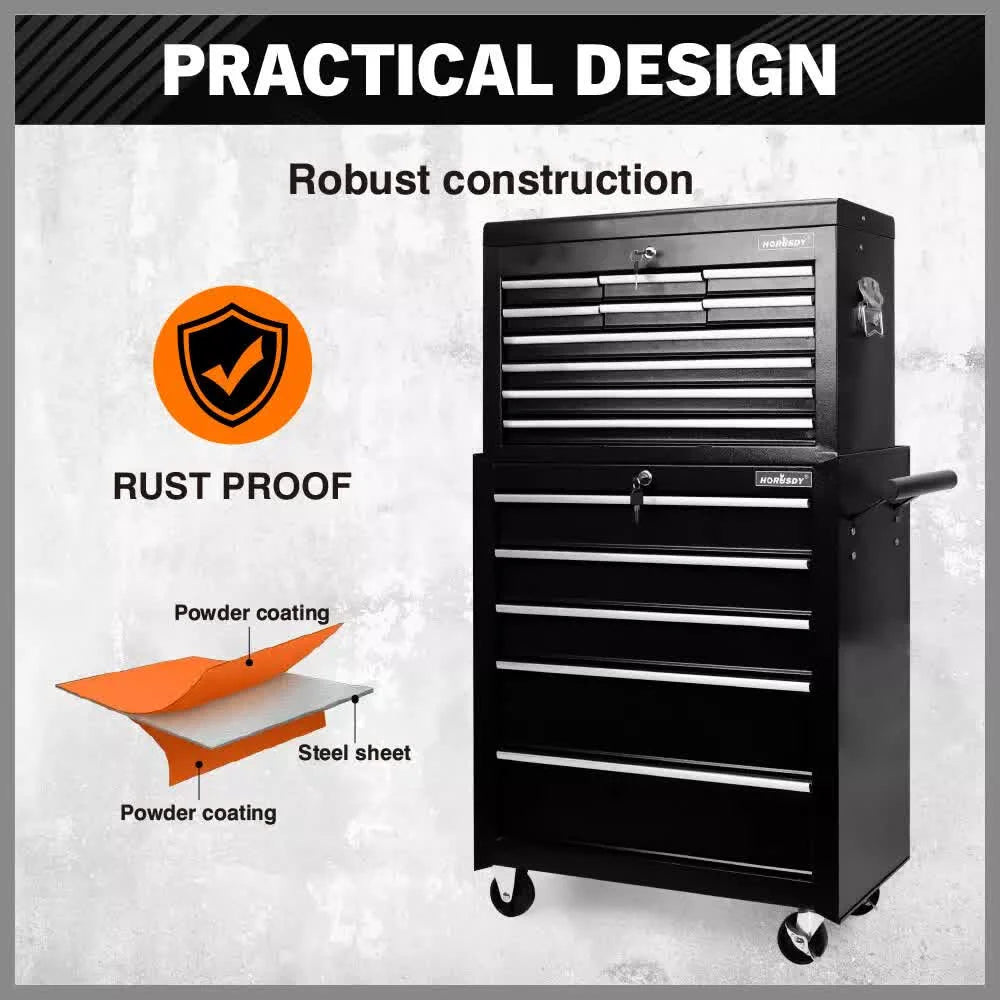 Black15 Drawer Tool Box Trolley Cabinet Storage Cart Garage