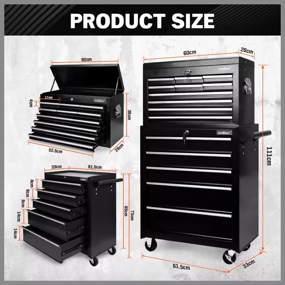 Black15 Drawer Tool Box Trolley Cabinet Storage Cart Garage