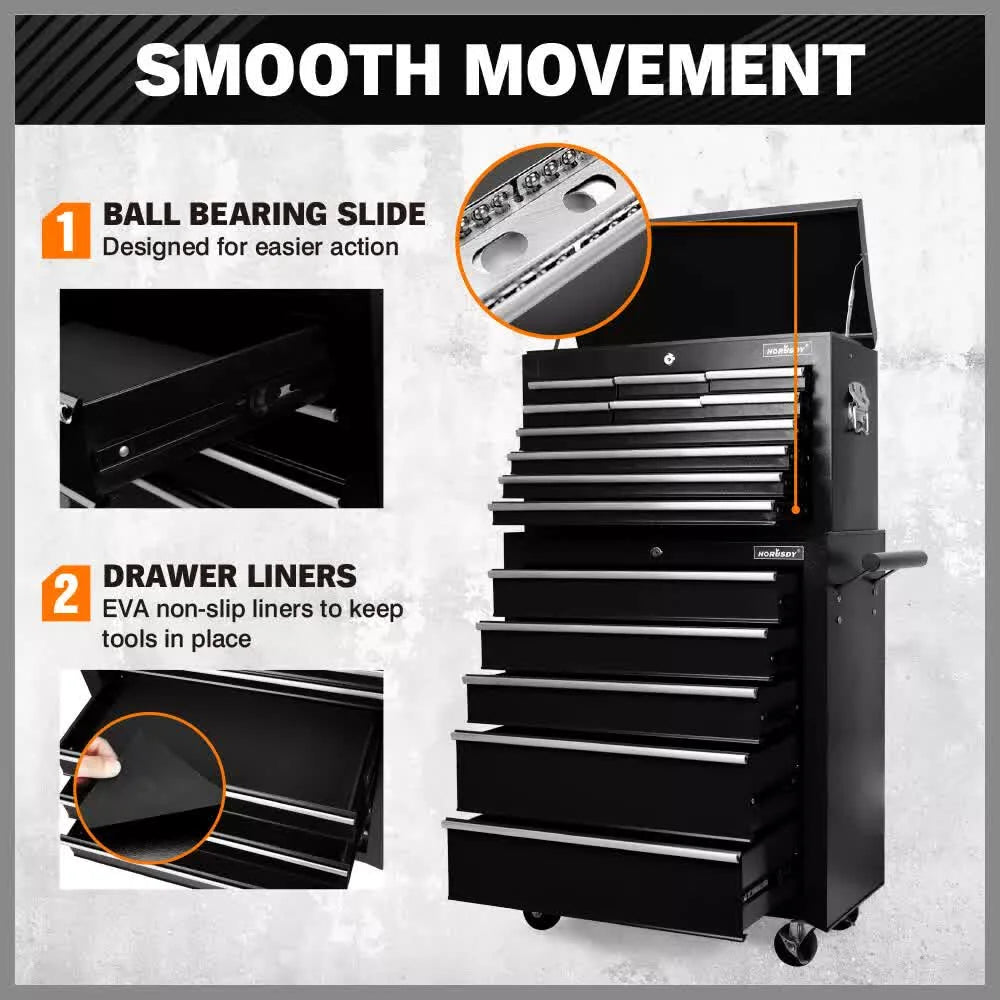 Black15 Drawer Tool Box Trolley Cabinet Storage Cart Garage