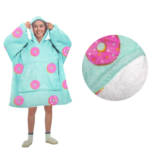 Blanket Hoodie with Sherpa Reverse Aqua Donuts - Home &