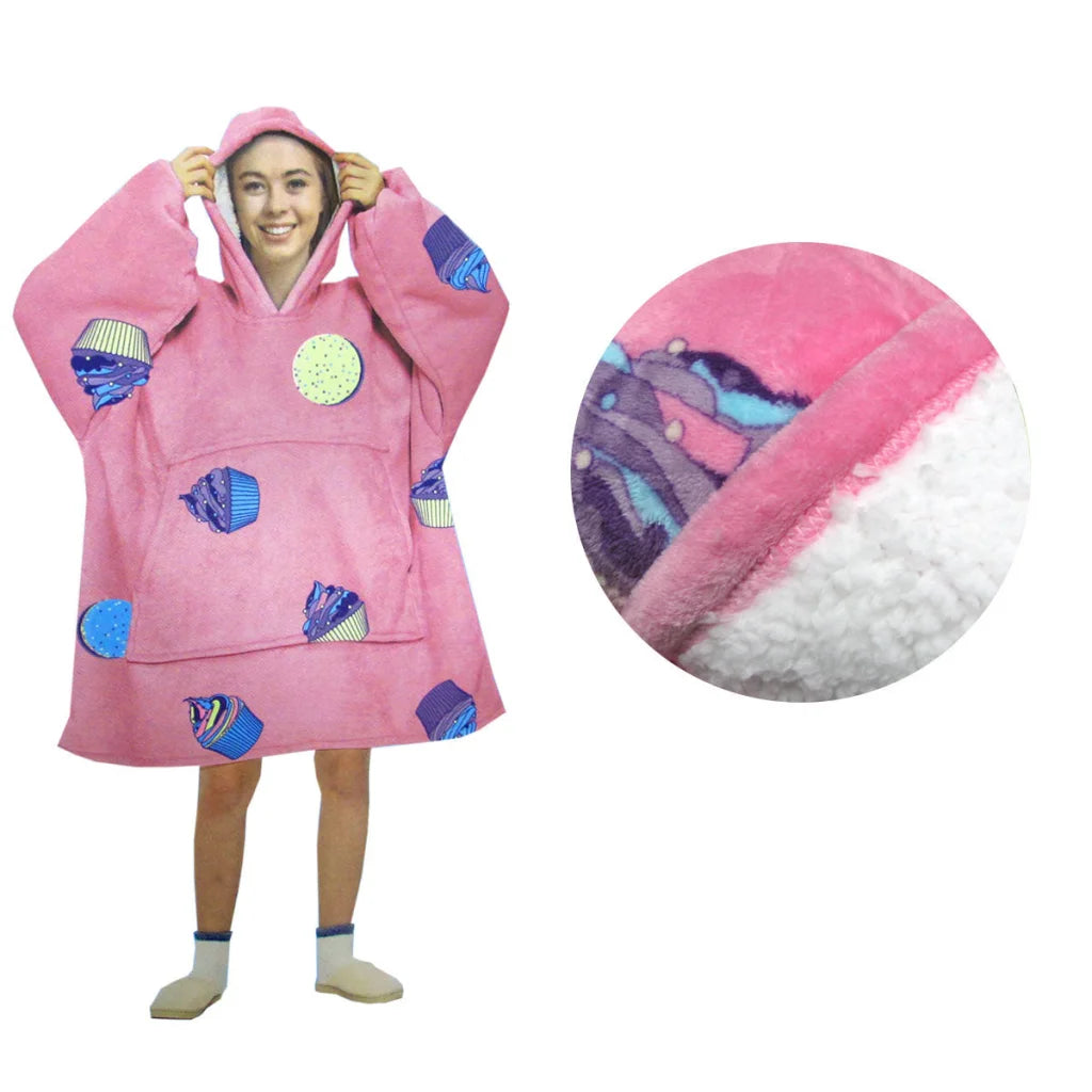 Blanket Hoodie with Sherpa Reverse Pink Cupcakes - Home &