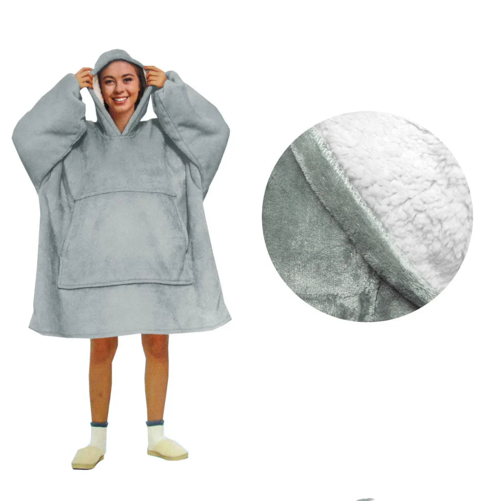 Blanket Hoodie with Sherpa Reverse Plain Silver - Home &
