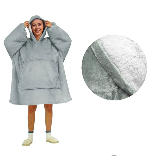 Blanket Hoodie with Sherpa Reverse Plain Silver - Home &