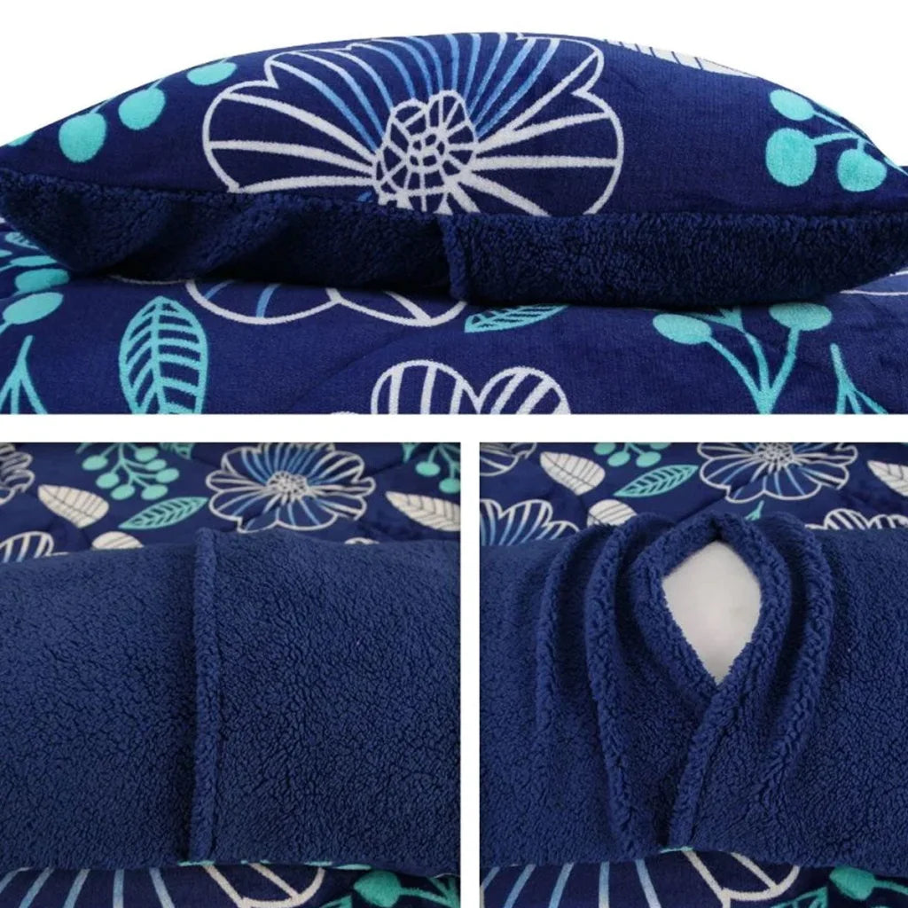 Blanket Set Ramesses Blue Flower Printed Sherpa Flannel