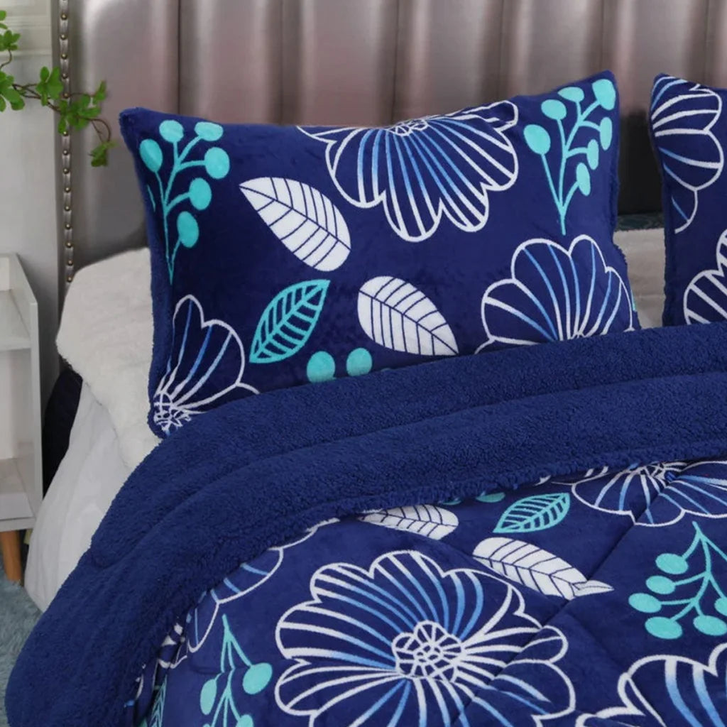 Blanket Set Ramesses Blue Flower Printed Sherpa Flannel