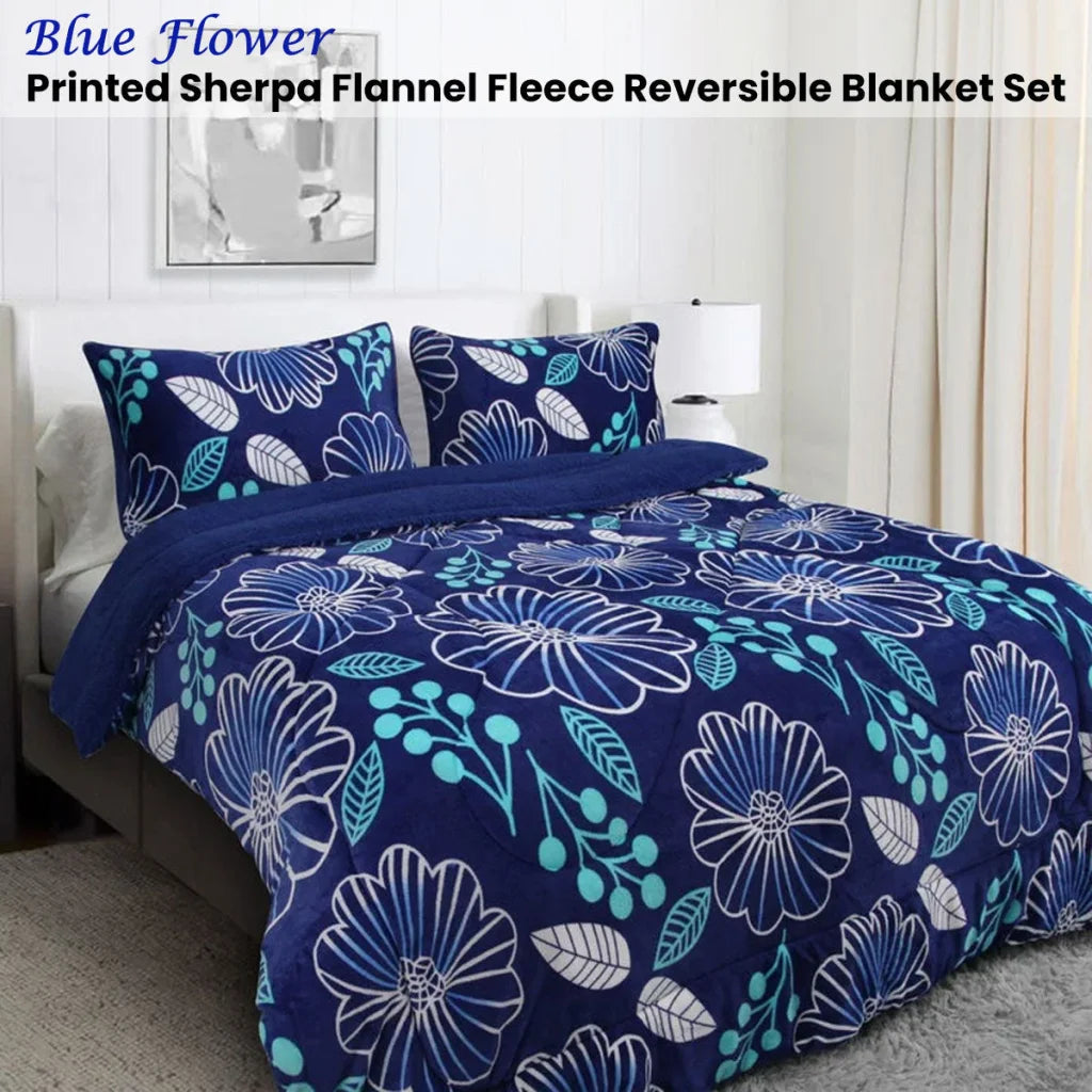 Blanket Set Ramesses Blue Flower Printed Sherpa Flannel