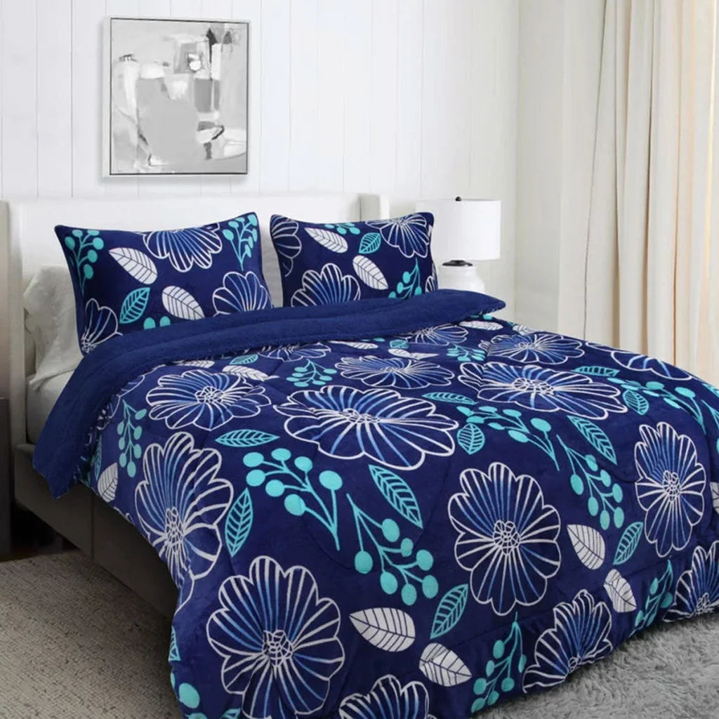 Blanket Set Ramesses Blue Flower Printed Sherpa Flannel