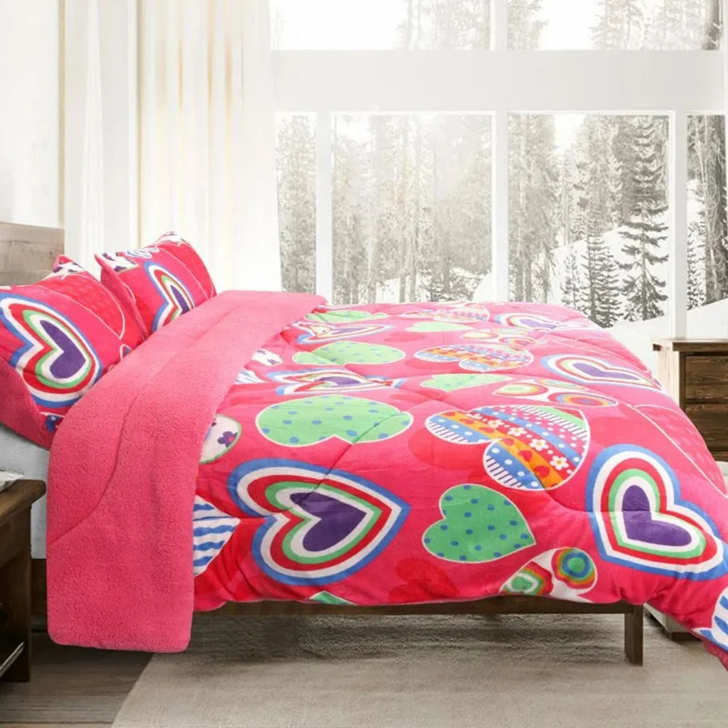 Blanket Set Ramesses Pink Heart Printed Sherpa Flannel