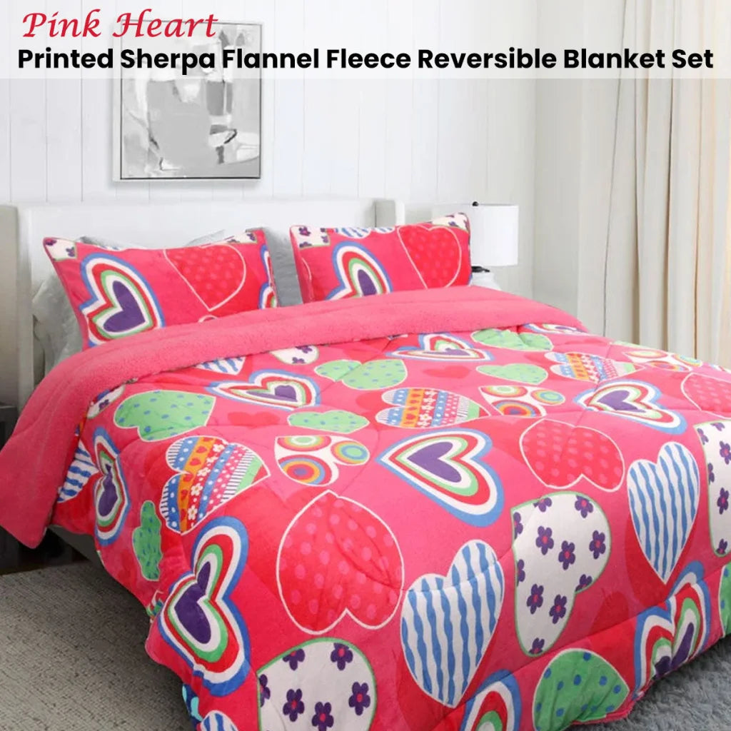 Blanket Set Ramesses Pink Heart Printed Sherpa Flannel