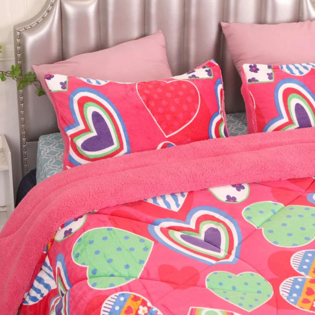 Blanket Set Ramesses Pink Heart Printed Sherpa Flannel