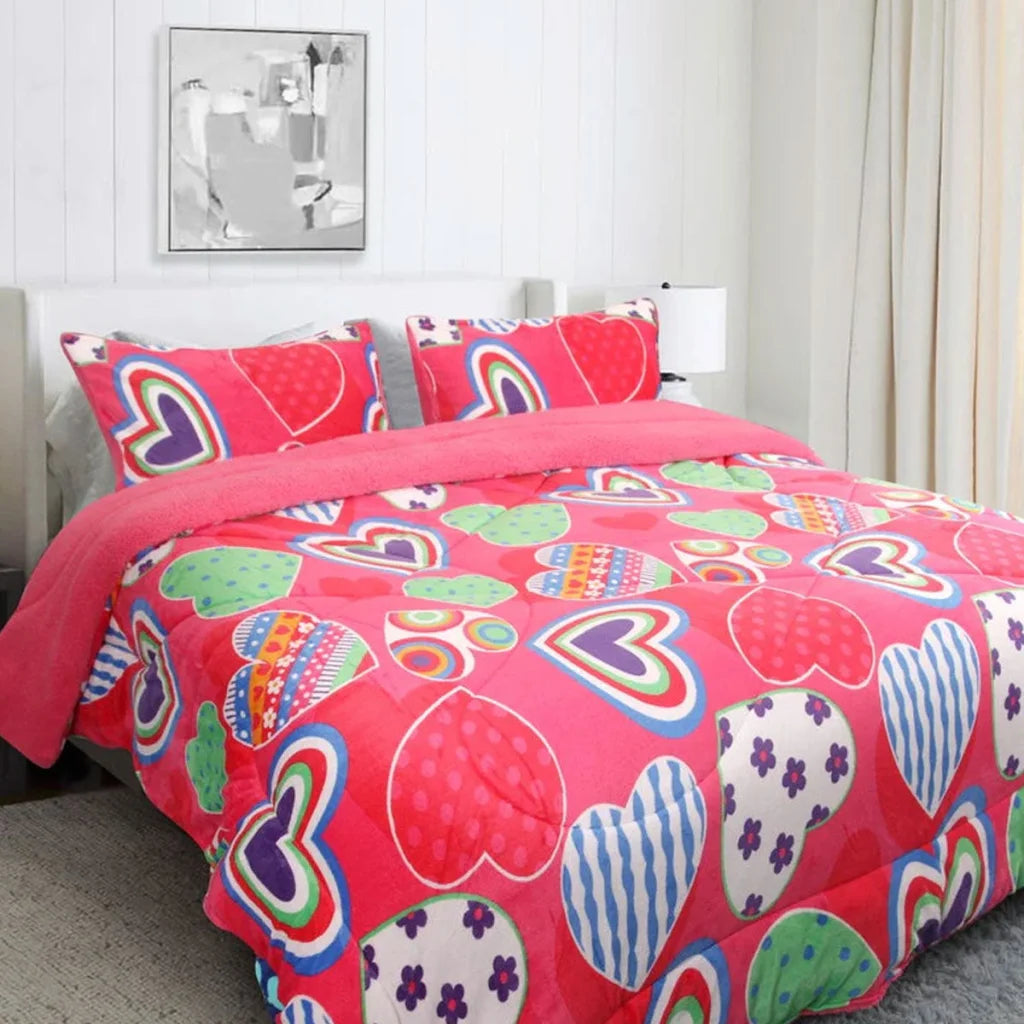 Blanket Set Ramesses Pink Heart Printed Sherpa Flannel