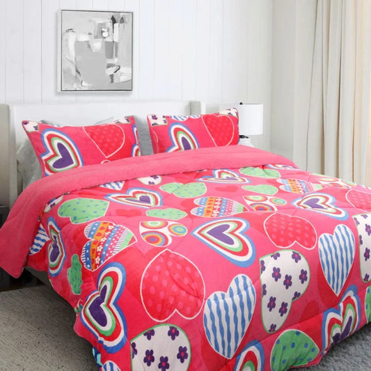 Blanket Set Ramesses Pink Heart Printed Sherpa Flannel