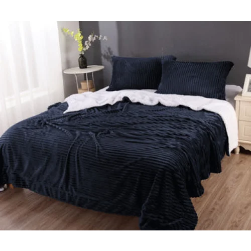 Blanket Stripe Flannel Sherpa Queen Navy - Home & Garden