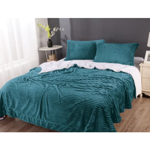 Blanket Stripe Flannel Sherpa Queen Teal - Home & Garden
