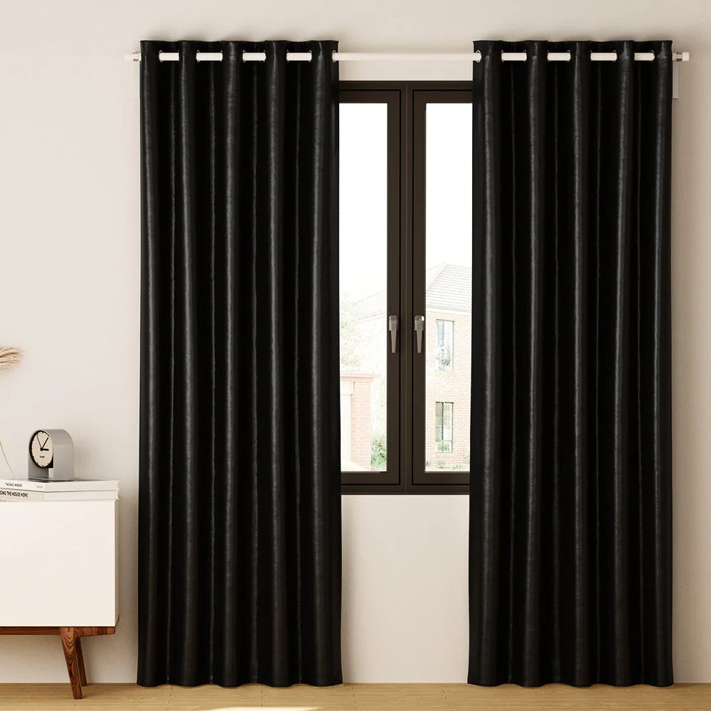 Blockout Curtains Eyelet Set of 2 - 140x230cm Black Shine