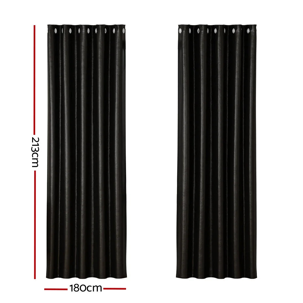 Blockout Curtains Eyelet Set of 2 - 180x213cm Black Shine