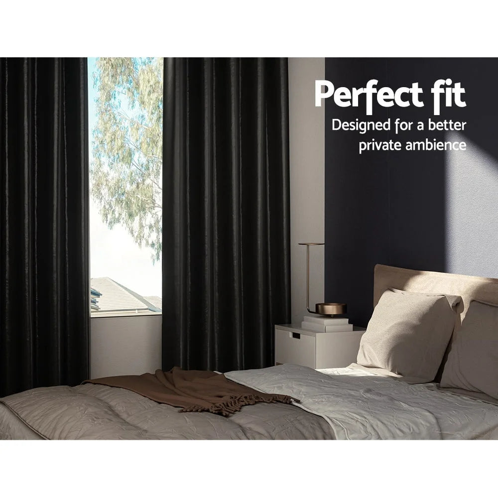 Blockout Curtains Eyelet Set of 2 - 240x230cm Black Shine