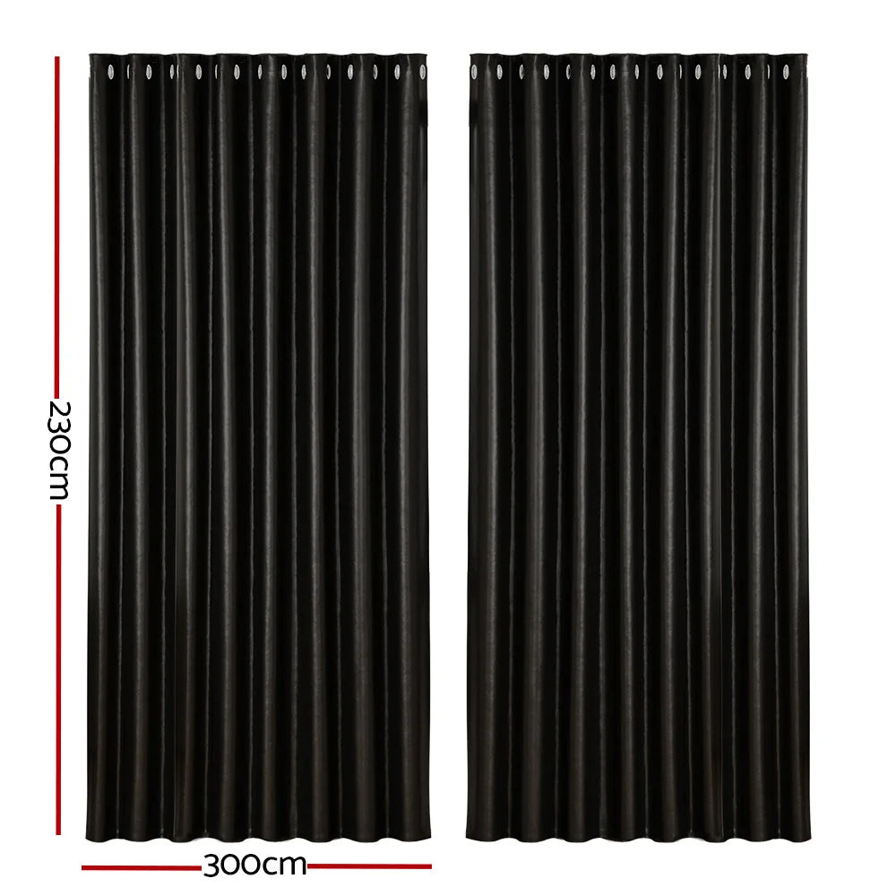 Black 300x230cm blockout curtains eyelet with patterned weave and edge detail