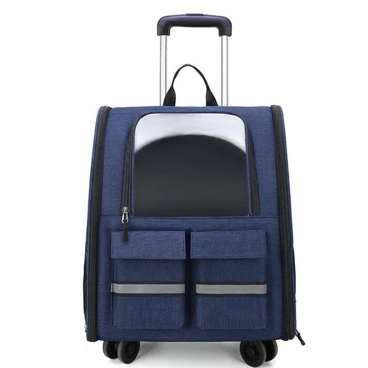Blue 3-in-1 Pet Carrier: Rolling Backpack with Collapsible