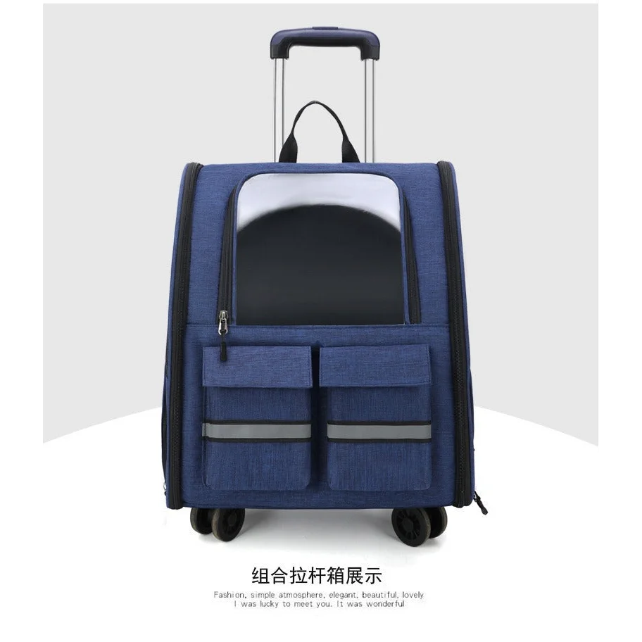 Blue 3-in-1 Pet Carrier: Rolling Backpack with Collapsible Design