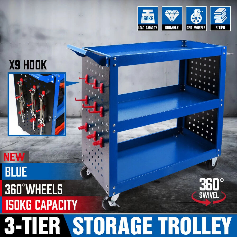 Blue 3-Tier Tool Cart Storage Trolley Toolbox Workshop