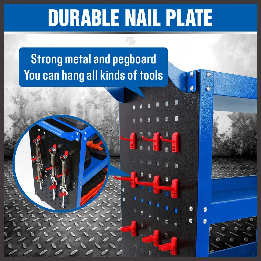Blue 3-Tier Tool Cart Storage Trolley Toolbox Workshop