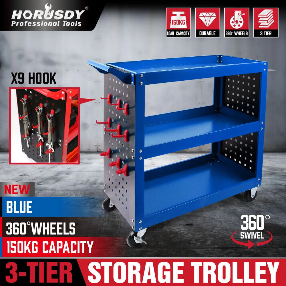 Blue 3-Tier Tool Cart Storage Trolley Toolbox Workshop