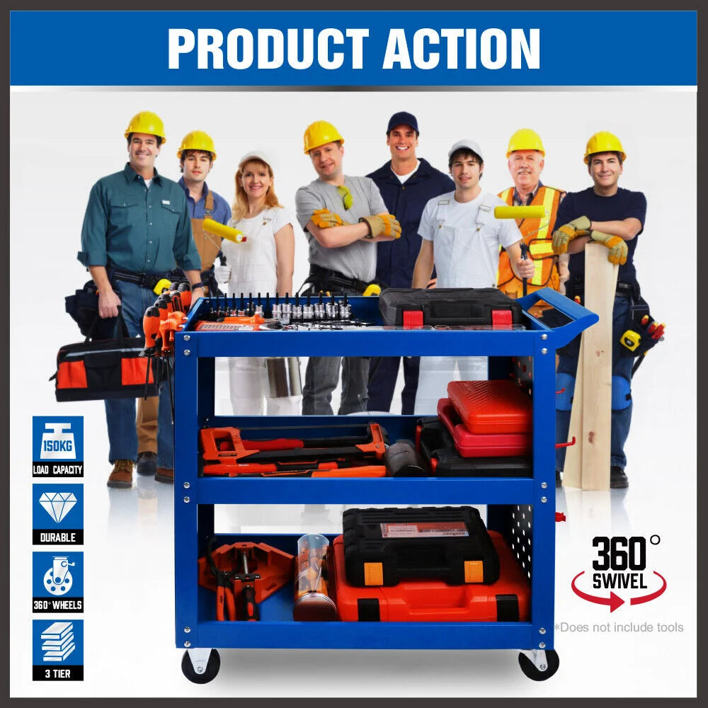 Blue 3-Tier Tool Cart Storage Trolley Toolbox Workshop