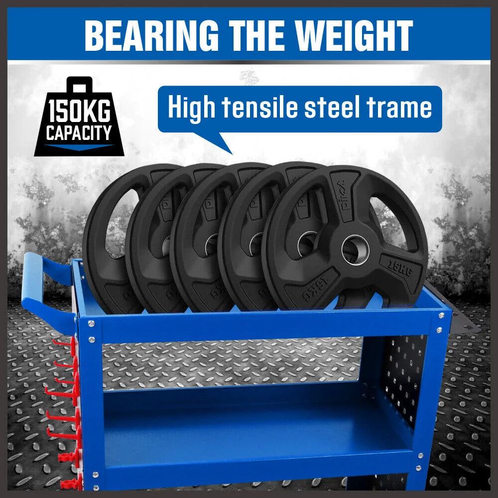 Blue 3-Tier Tool Cart Storage Trolley Toolbox Workshop