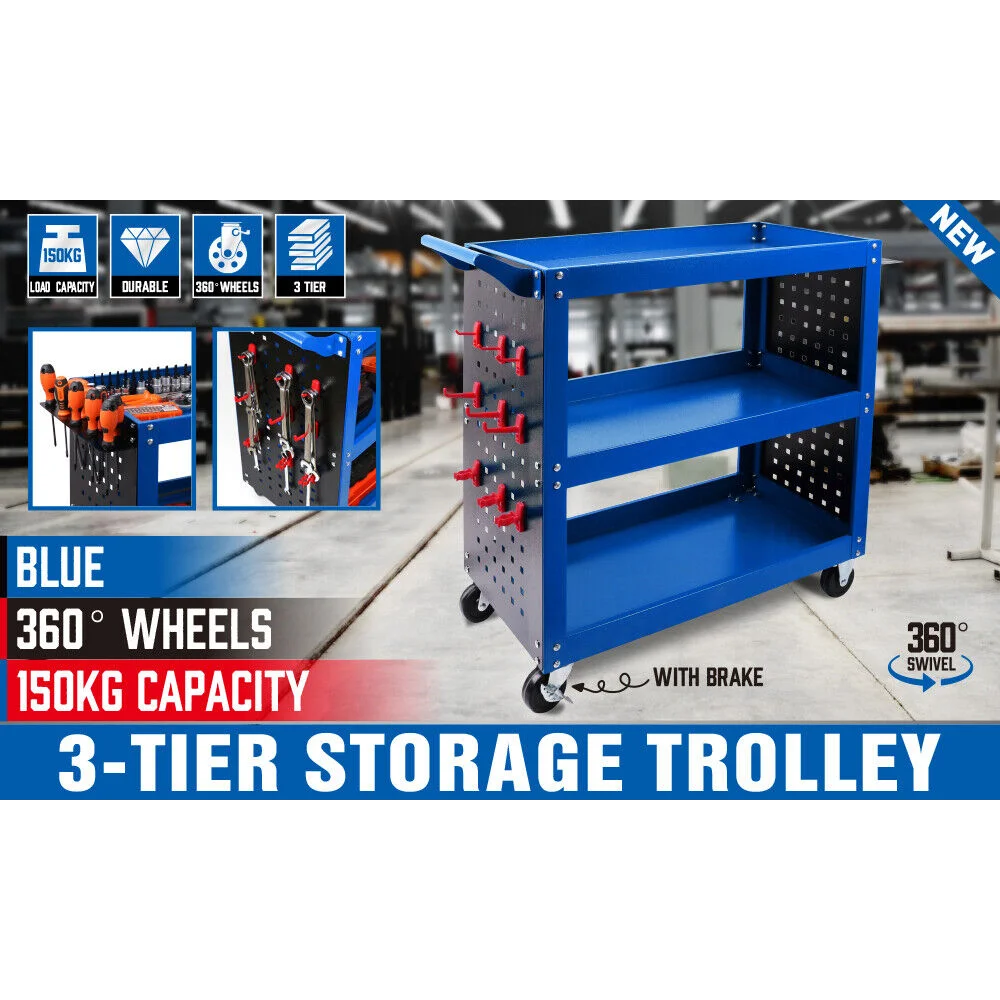 Blue 3-Tier Tool Cart Storage Trolley Toolbox Workshop