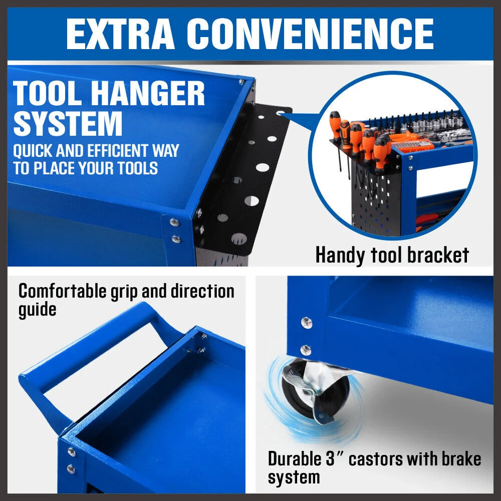 Blue 3-Tier Tool Cart Storage Trolley Toolbox Workshop