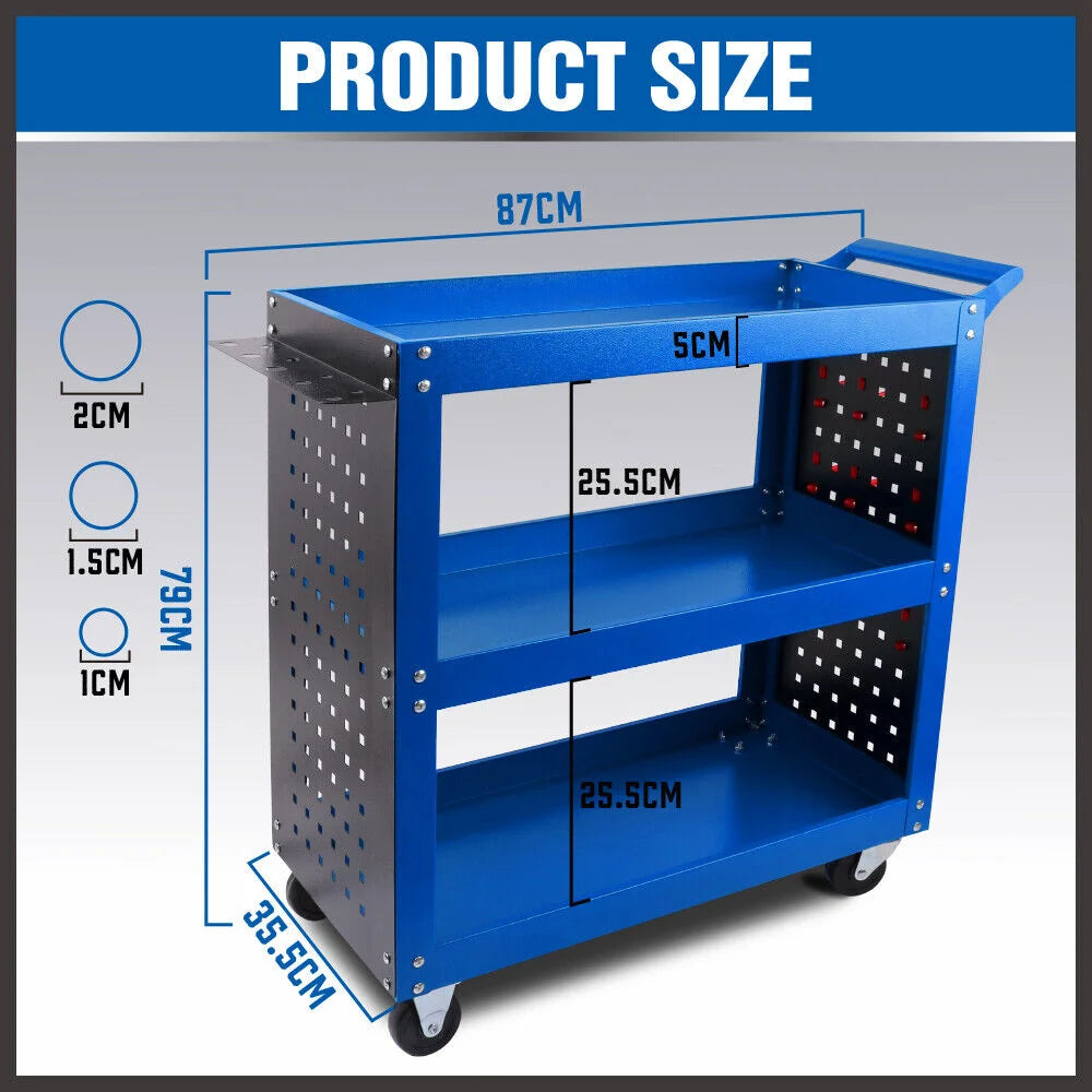 Blue 3-Tier Tool Cart Storage Trolley Toolbox Workshop