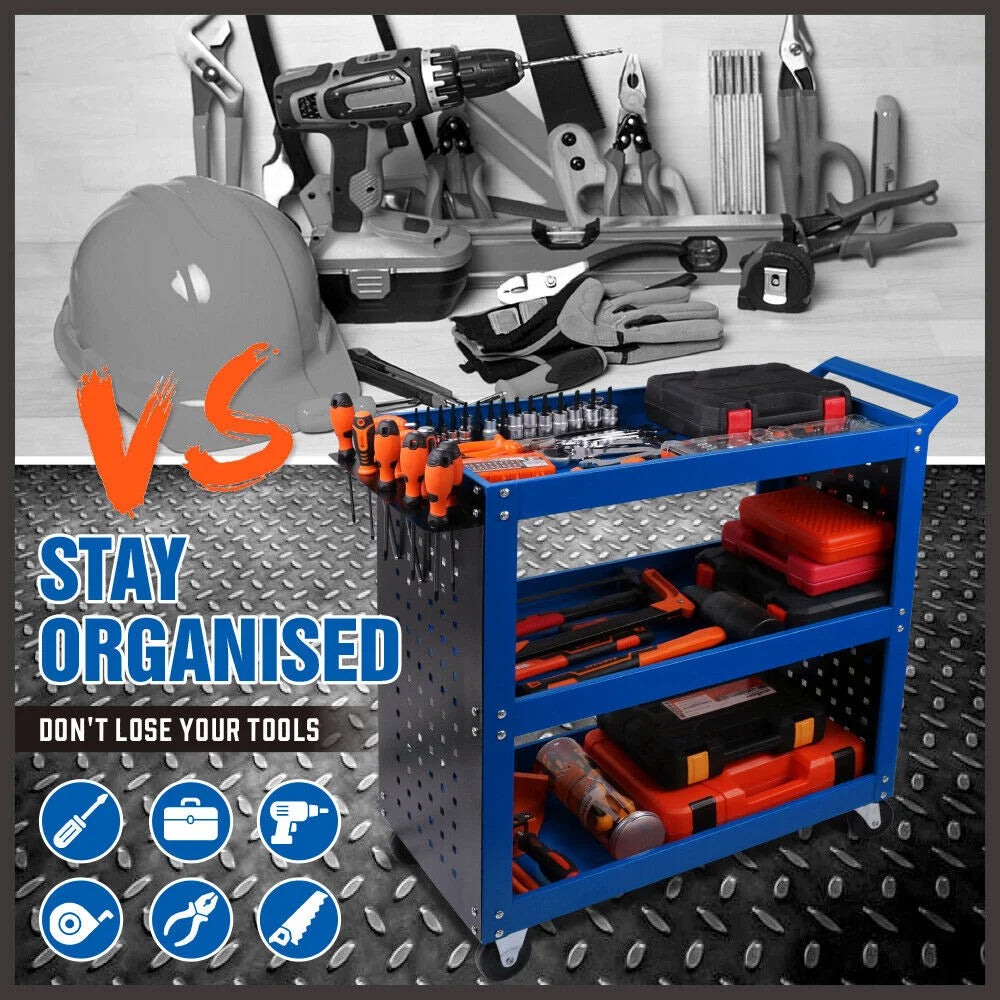 Blue 3-Tier Tool Cart Storage Trolley Toolbox Workshop