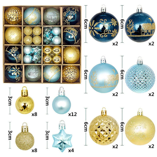 Blue and gold 44-Piece Assorted Christmas Baubles Set