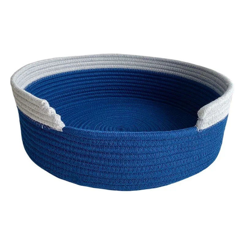 Blue and White Chic Two-Tone Woven Cotton Rope Cat Bed