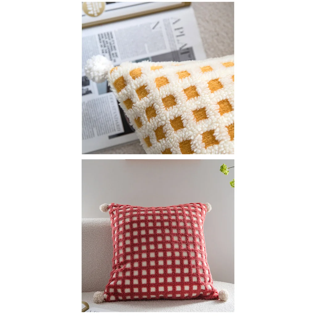Blue and Yellow 3D Checkered Cushion Cover with Pom Poms