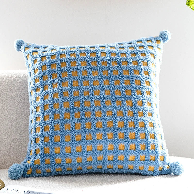 Blue and Yellow 3D Checkered Cushion Cover with Pom Poms