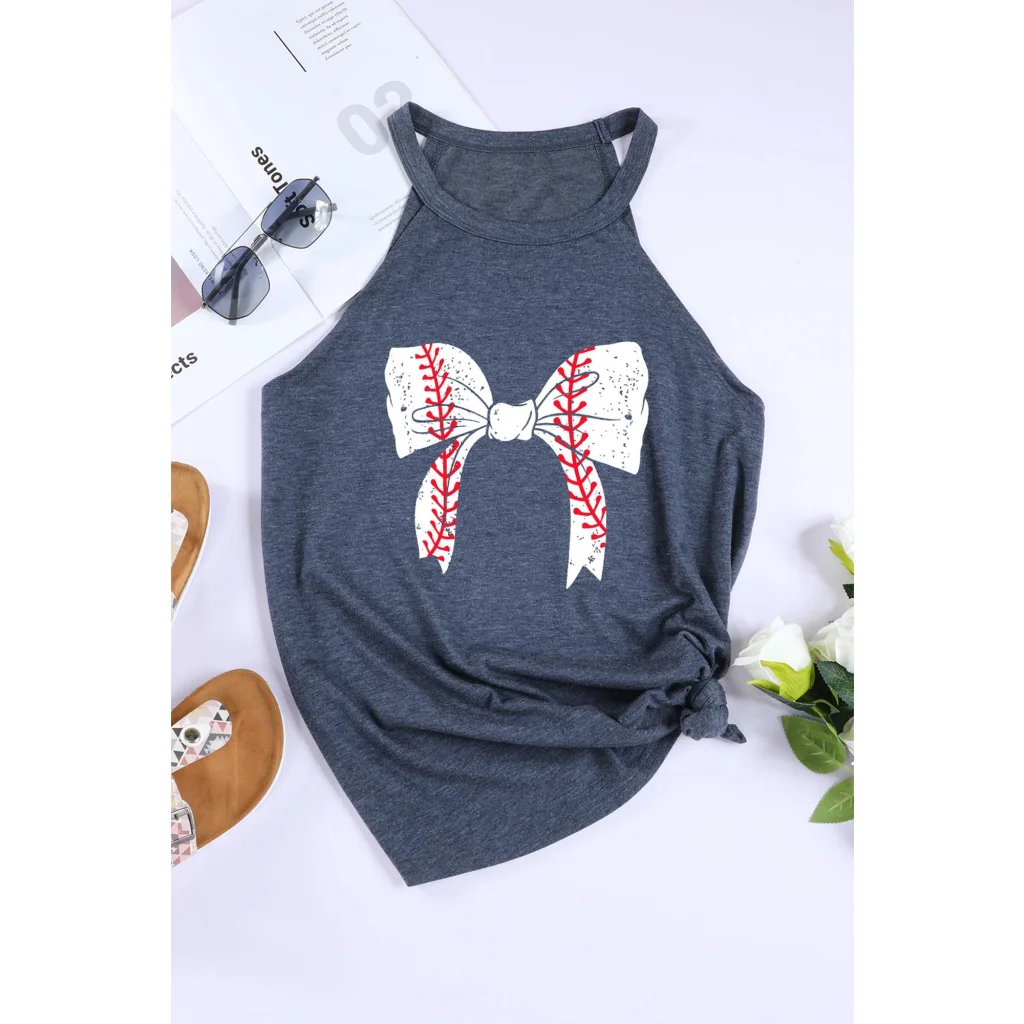 Blue Baseball Bow Knot Print Slim Fit Crewneck Tank Top