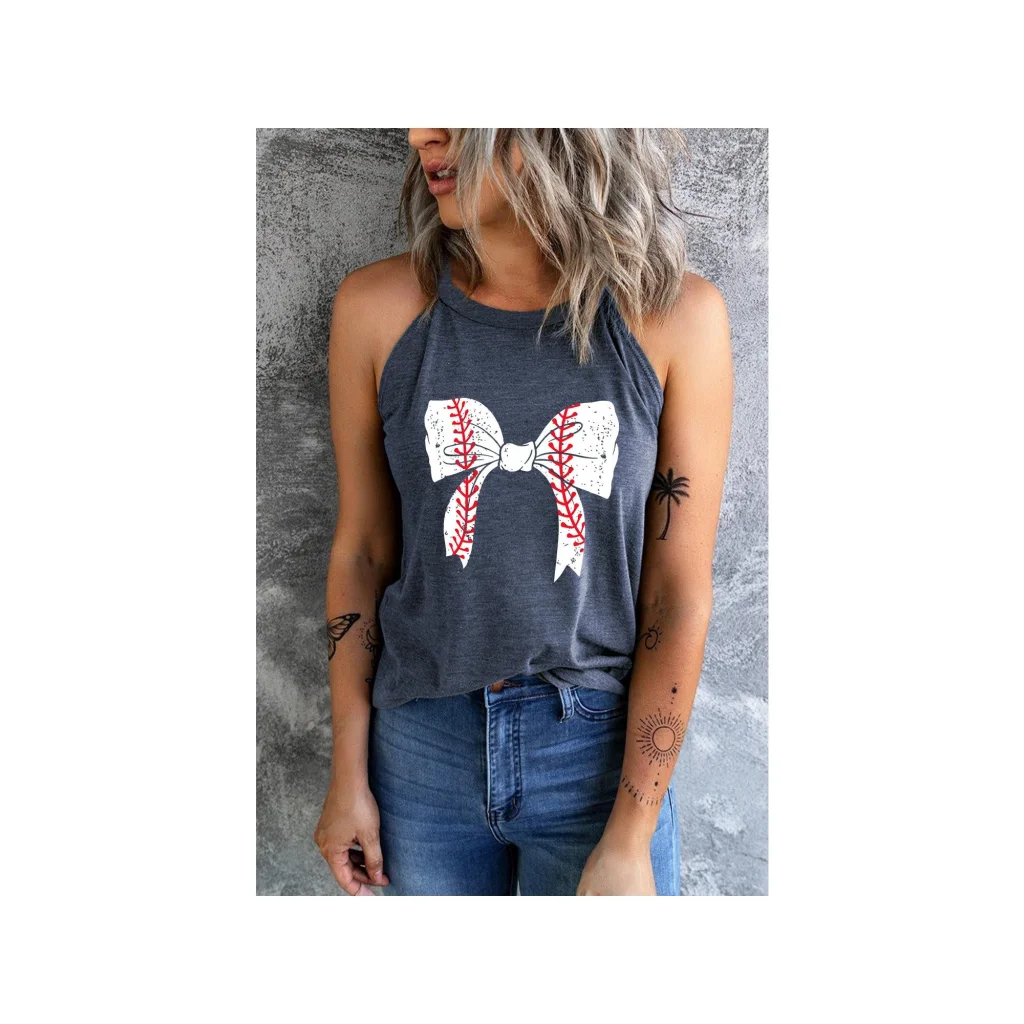Blue Baseball Bow Knot Print Slim Fit Crewneck Tank Top