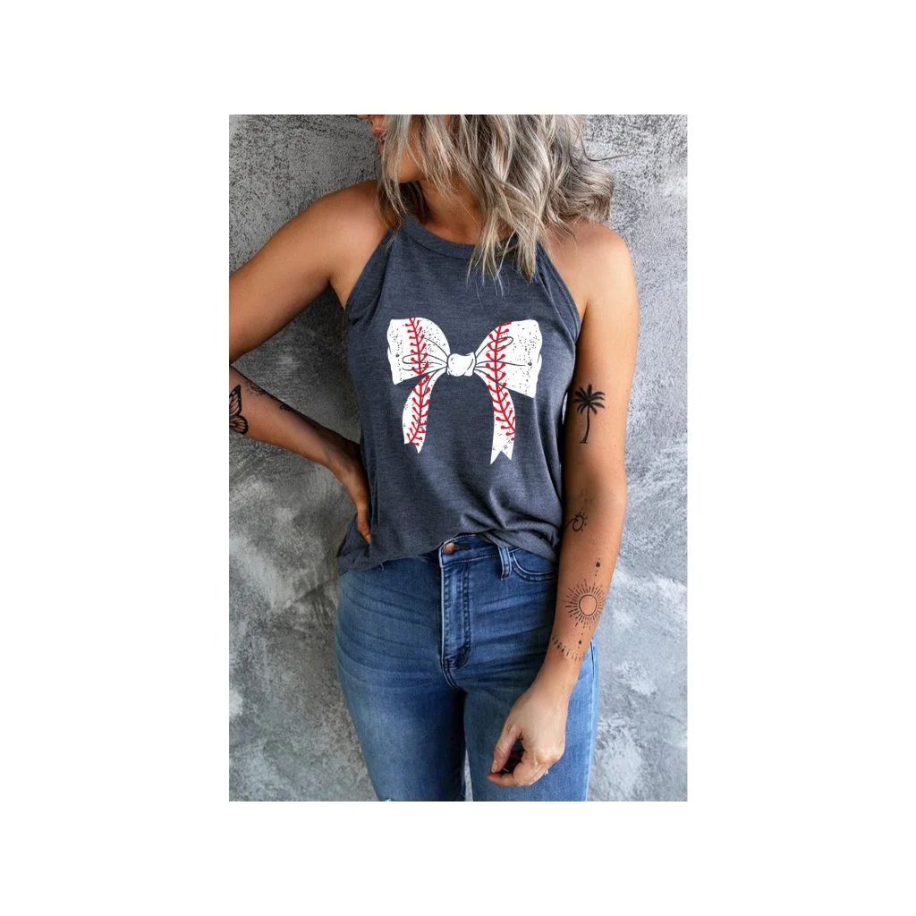 Blue Baseball Bow Knot Print Slim Fit Crewneck Tank Top