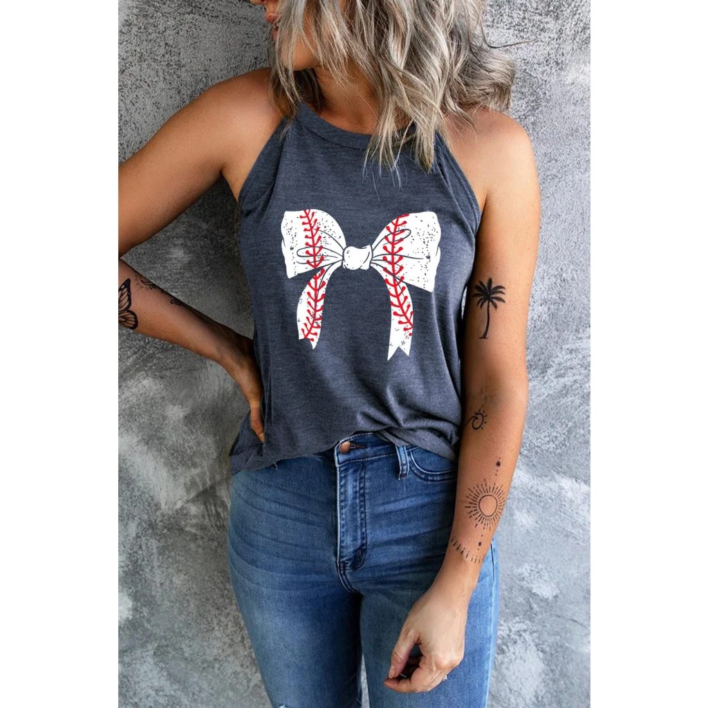 Blue Baseball Bow Knot Print Slim Fit Crewneck Tank Top