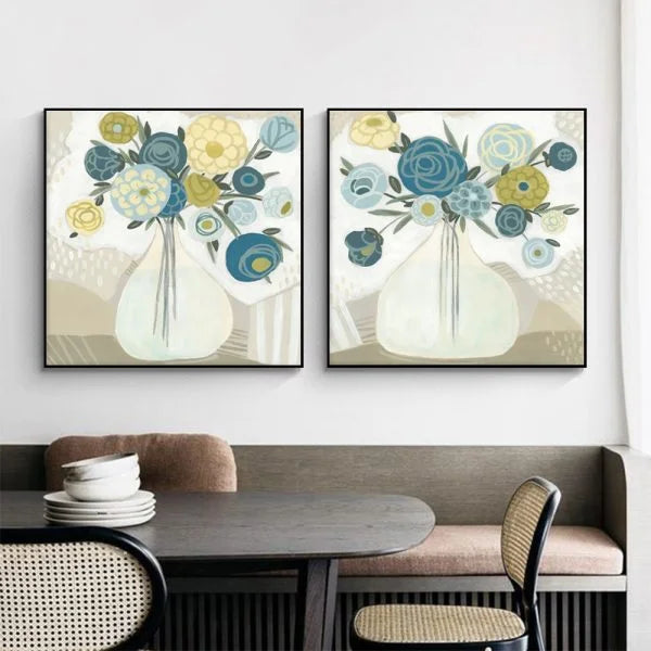 Blue Bouquet Wall Art Canvas 40cmx40cm 2 Sets Black Frame