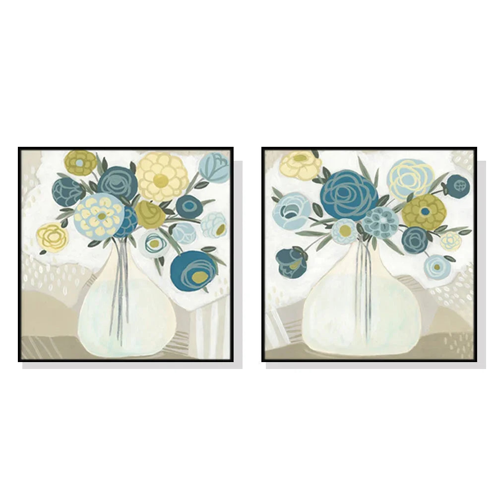 Blue Bouquet Wall Art Canvas 40cmx40cm 2 Sets Black Frame