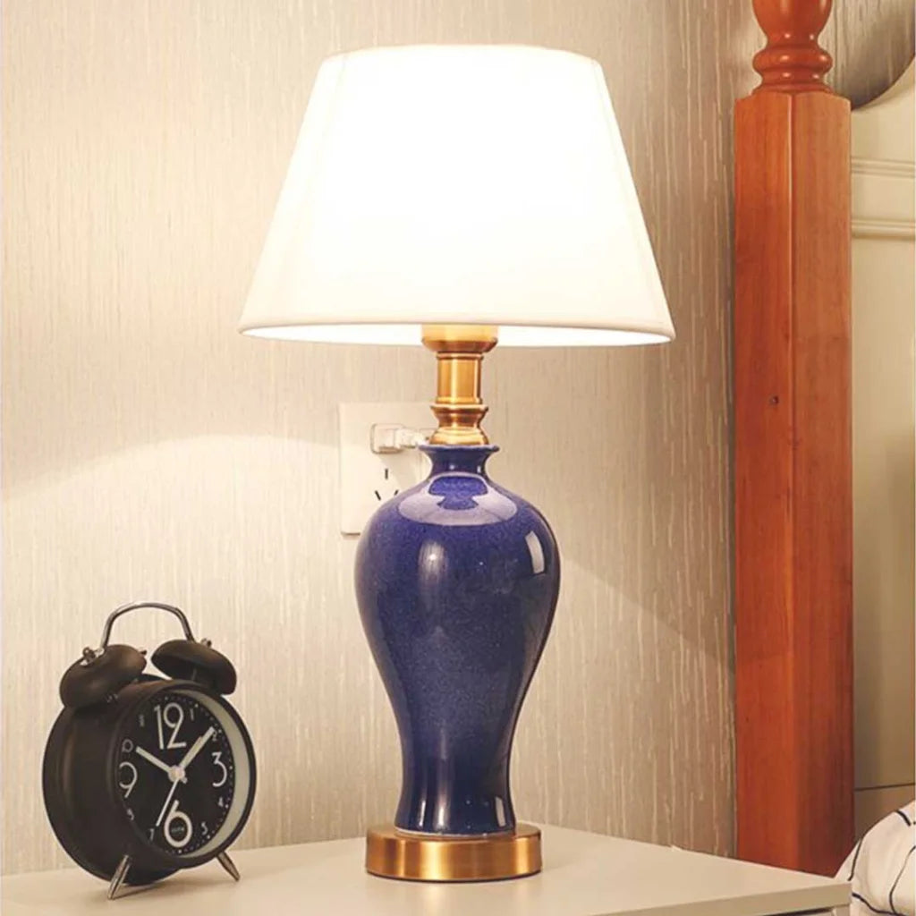 Blue Ceramic Oval Table Lamp with Gold Metal Base - Premium